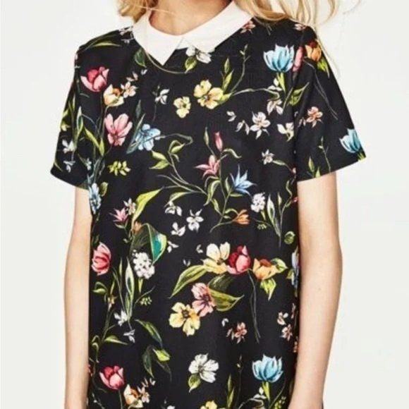 Zara Trafaluc Multi-colored All-over Print Floral Shift White Collared Dress, S - Picture 2 of 9
